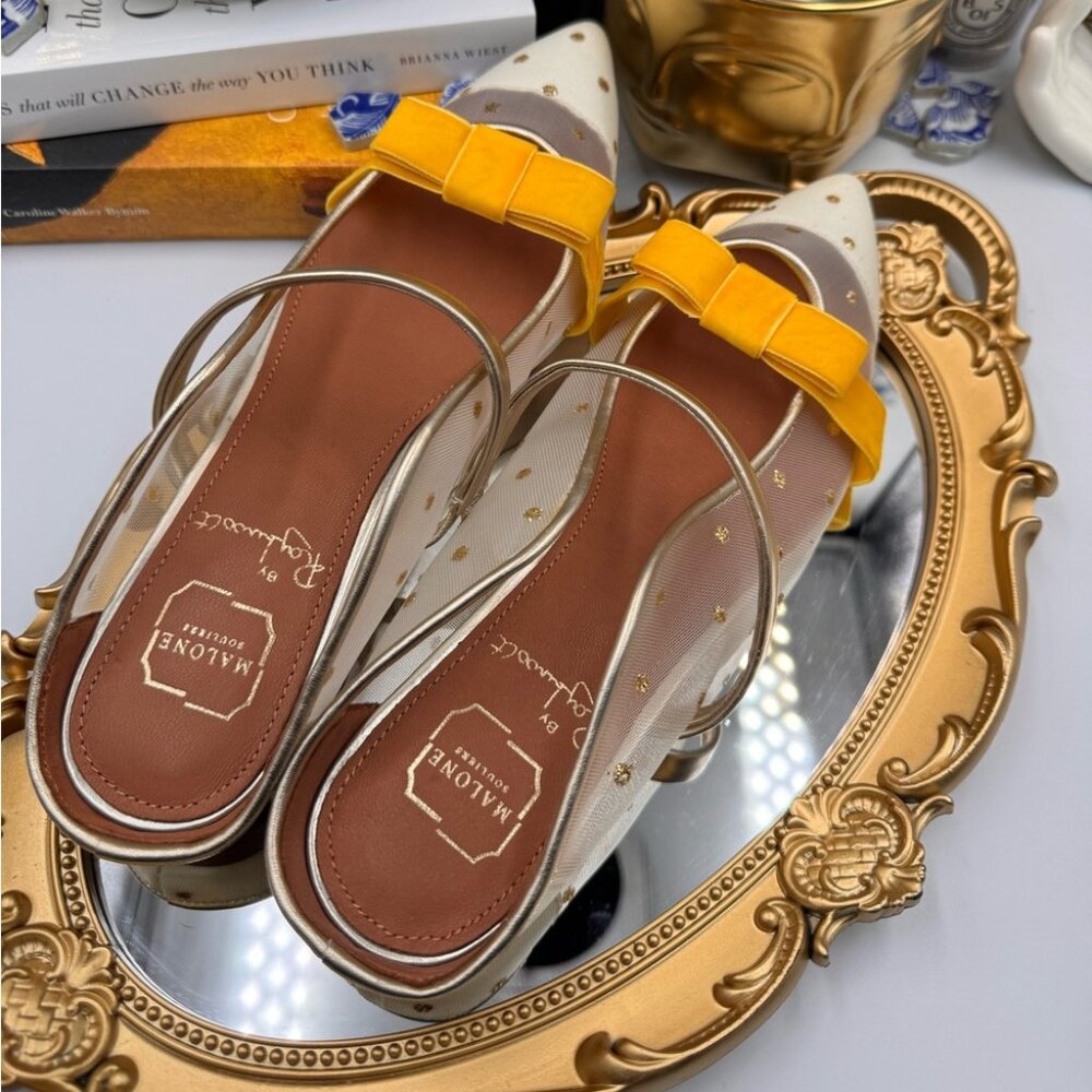 🆕 MALONE SOULIERS 🧿 BNWOB White Mesh Mules with Yellow Velvet Bow Size 39 - 9 - Picture 11 of 15